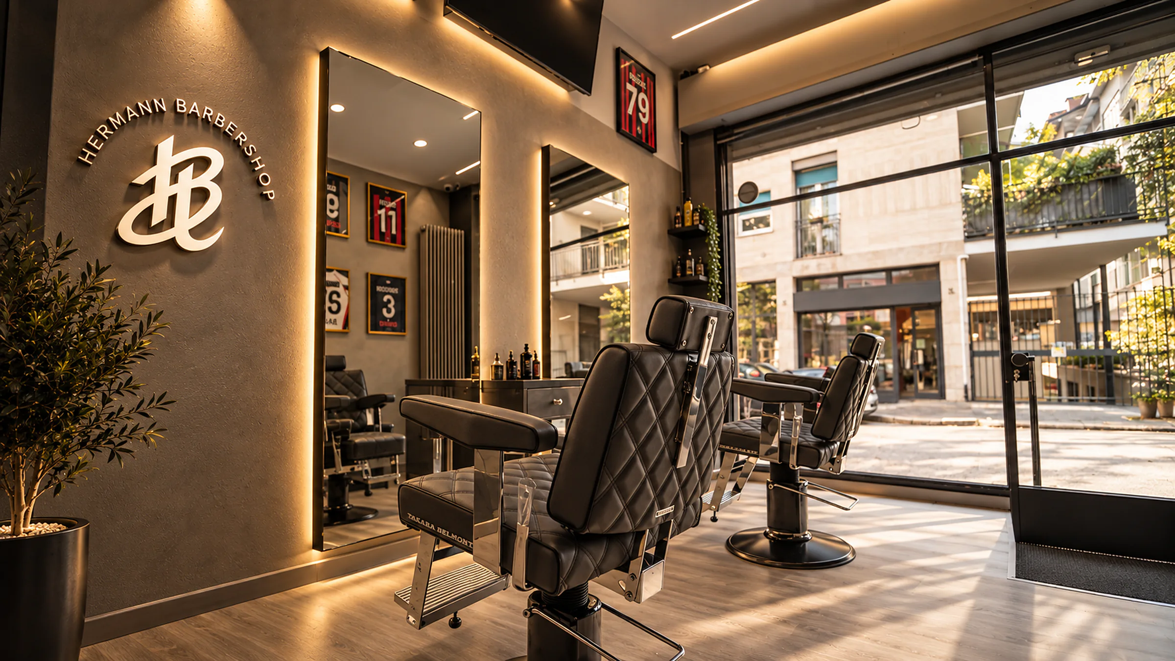 Im Hermann Barbershop: das HB-Schild, gesteppte Stühle und das Schaufenster zur Straße